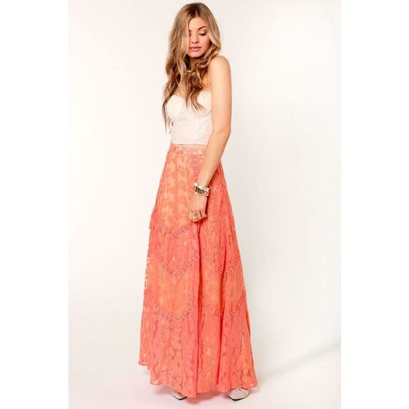 New Champagne & Strawberry Honeysuckle Peach Lace Maxi Skirt Size OP - Picture 2 of 10